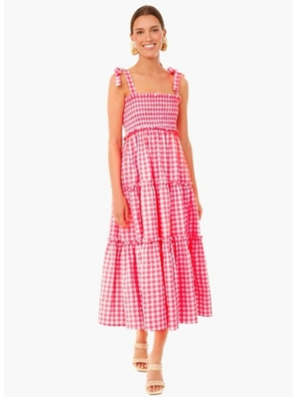 Tuckernuck Pomander Place Nellie Midi Dress Electric Pink Gingham Tiered Size M